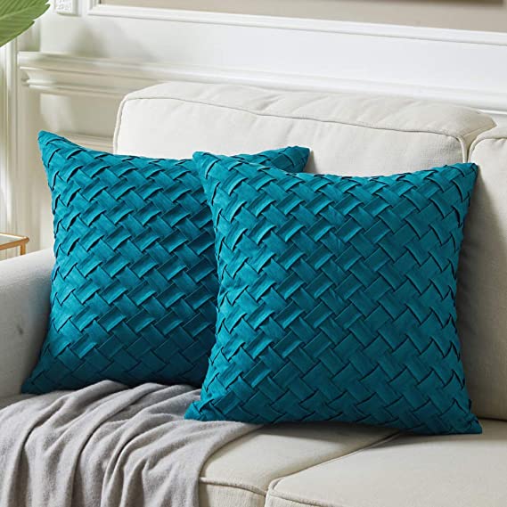 Fancy Homi Pack of 2 Accent Decorative Throw Pillow Covers with Cute Basket Weave Pattern,Soft Suede Solid Square Cushion Case Set for Couch Sofa Bedroom Car Living Room (18x18 inch/45x45 cm, Teal)