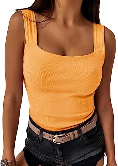 Ivay Womens Sexy Low Cut Square Neck Tank Top Casual Thick Strap Summer Solid Tops