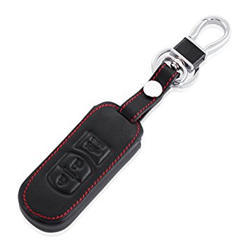 9 Moon Leather Car Remote Key Holder Case Cover for Mazda 2 3 6 CX-5 CX-7 Black With Red Thread 3 Button