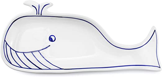 Cornucopia Whale Spoon Rest; Blue and White Ceramic Novelty Spoon Holder for Kitchen Stove