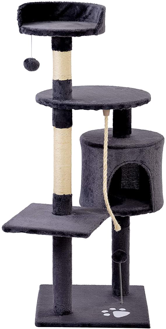 LIFE CARVER Cat Kitten Tree Cat Scratch Posts Cat Scratching Post Large with Cat Room Pet Playing Centre Climbing, Hanging Woobies Toy, Two Platforms 118cm (Grey)