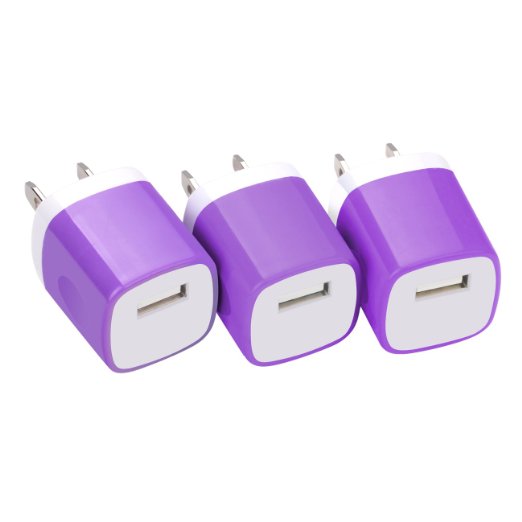 Wall Charger, CCLV 3 Pack Universal Home Travel USB 1 Amp Wall Charger Plug AC Power Adapter for iPhone 6 Plus, 6s Plus, Tablet, Samsung Galaxy S6 edge, Note 5, HTC, Nokia and more USB Devices, Purple