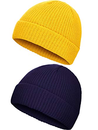 SATINIOR 2 Pieces Winter Trawler Beanie Hat Short Fisherman Skullcap Knit Cuff Beanie Cap for Men Daily Wearing