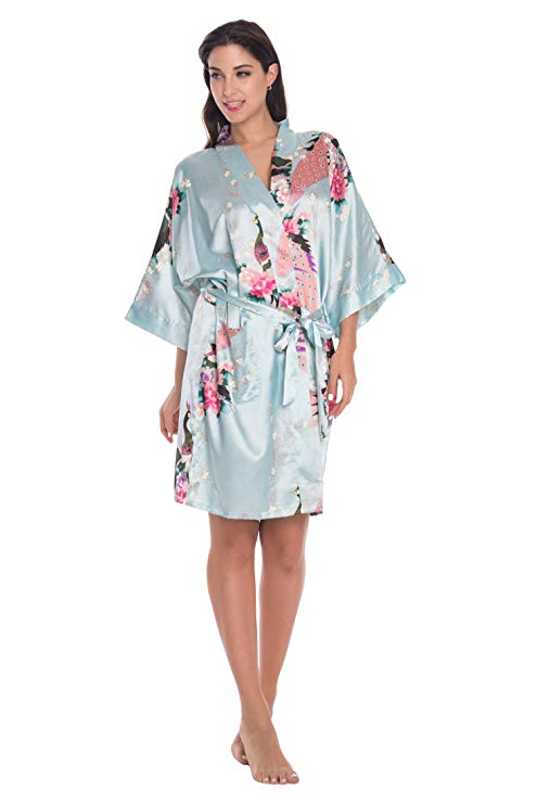 KimonoDeals Women's dept Satin Short Bridesmaid Kimono Robe with Peacock and Blossom Design
