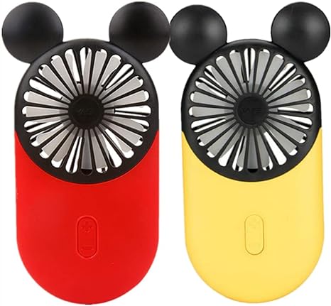 DECVO Cute Personal Mini Fan, Handheld & Portable USB Rechargeable Fan with Beautiful LED Light, 3 Adjustable Speeds, Portable Holder, for Indoor Or Outdoor Activities, Cute Mouse 2 Pack (Red Yellow)