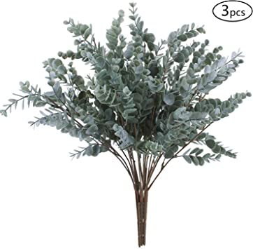 OUTLEE Pack of 3 Artificial Eucalyptus Stem Shrub Faux Eucalyptus Leaves Spray Artificial Greenery Stems Fake Silver Dollar Branches Plants for Home Wedding Decor 17.7" Tall