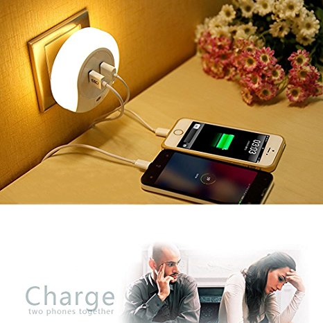 iMagitek Dusk to Dawn Sensor LED Night Light with Dual USB Wall Plate Charger, 5V 2A Output for Fast Charge - Warm Light