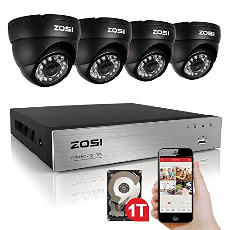 ZOSI 8Channel 720P H.264 CCTV DVR 4 Outdoor/Indoor dome Color 1280TVL Security Surveillance Camera System 1TB HDD Hard Drive Support 3G Mobile Phone view (Black