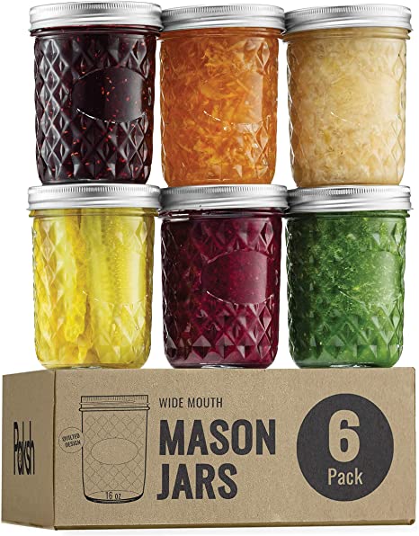 Wide Mouth Glass Mason Jars, 16 Ounce Glass Canning Jars with Silver Metal Airtight Lids and Bands with Chalkboard Labels, for Canning, Preserving, Meal Prep, Overnight Oats, Jam, Jelly, (6 Pack)