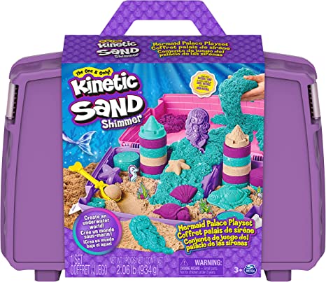 Kinetic Sand, Mermaid Palace Playset, 2.06lbs of Shimmer Play Sand (Neon Purple, Shimmer Teal, and Beach Sand), Reusable Folding Sandbox and Tools, Sensory Toys for Kids Ages 3 and up