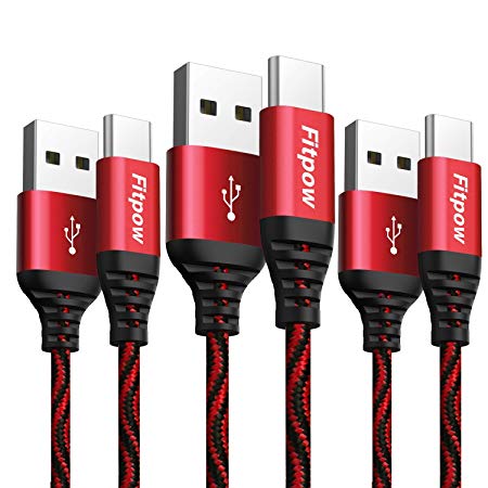 USB Type C Cable, FITPOW [3Pack 2m] Type C Charger Nylon Braided Fast Charging and Data Sync Cable Cord for Samsung Galaxy S9/ S8/ Note8, Huawei P20/ P10, Honor View10/ 9, OnePlus 6, Moto G6, HTC U11, Sony Xperia XZ, Nintendo Switch (Red)