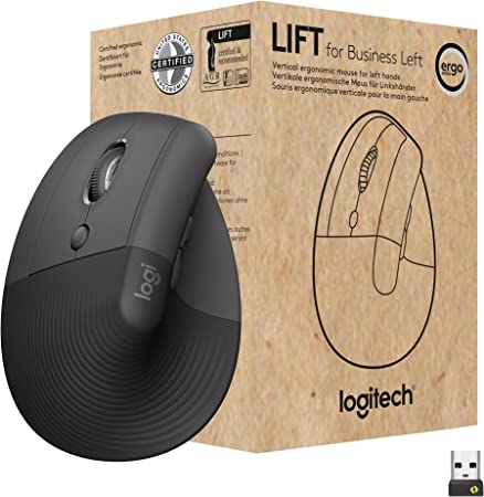 Logitech Lift for Business Left, Vertical Ergonomic Mouse - Left-Handed, Wireless, Bluetooth or Secured Logi Bolt USB, Quiet clicks, Globally Certified, Windows/Mac/Chrome/Linux - Graphite