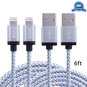 Atill 2 Pack 6FT Lightning Cable Nylon Braided USB Cord Charging Cable For iPhone 6s,6s plus, 6 Plus, 6, iPhone 5 ,5C ,5S,SE, iPad Air, Mini , Mini2, iPad 4, iPod 5,and iPod 7. (White)