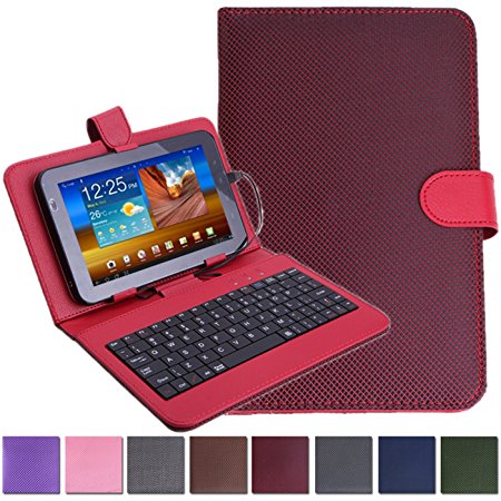 HDE Diamond Stitch Hard Leather Folding Folio Case Cover with Micro USB Keyboard for 7" Tablet (Red)