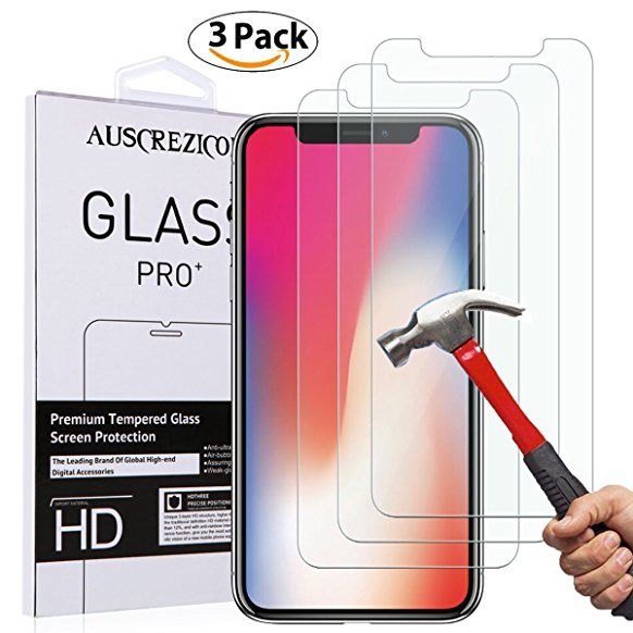 iPhone X Screen Protector, AUSCREZICON [3-PACK ] 9H Ultra Clear [Tempered Glass] 3D Touch, Case Friendly,Easy Application,Bubble Free,Anti-Scratch Screen Protector for iPhone X /10