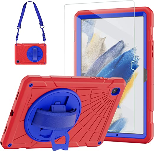 New Samsung Galaxy Tab A8 10.5 Case 2022 SM-X200/X205/X207 with Tempered Glass Screen Protector Stand,Blosomeet Heavy Duty Protection Kids Case for Galaxy Tablet A8 w/ Hand Shoulder Strap,Red Blue