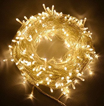 100ft/30m Warm White 300 LED Outdoor & Indoor Battery Fairy Lights w/ Remote & Timer, Waterproof (8 Modes, 4 x AA batteries, Dimmable, Clear Cable)