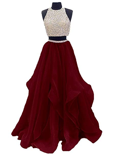 VinBridal 2018 Two Piece Beaded Floor Length Organza Evening Gown Prom Dresses