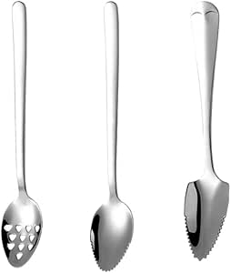 Stainless Steel Grapefruit Spoons Set 3Pcs Watermelon Dessert Spoon Half Serrated Citrus Fruit Spoon Salad Spoon for Kitchen Silver