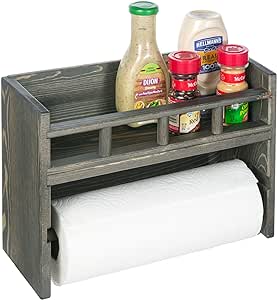 MyGift Wall Mounted Paper Towel Holder, Vintage Weathered Gray Solid Wood Kitchen Dish Towel Rack with Top Shelf for Spice Jar and Condiment