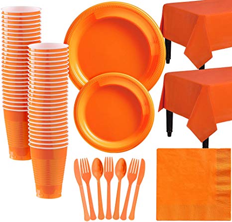 Amscan Orange Plastic Tableware Kit for 50 Guests, Party Supplies, Includes Table Covers, Plates, Cups and More