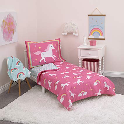 Carter's Rainbow Unicorn 4 Piece Toddler Bedding Set, Pink, Aqua, White