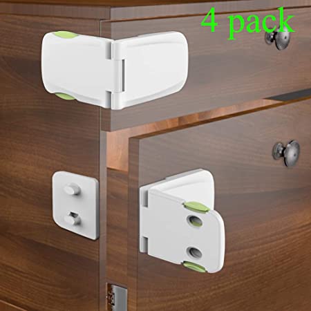 Been5le Child Safety Cabinet Locks - [4 Pack], Baby Proofing Cabinet Latch for Kitchen Storage Doors, Drawers, Cupboard, Oven, Refrigerator (White&Green)
