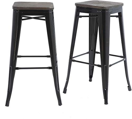 Buschman Set of 2 Black Wooden Seat 30 Inch Bar Height Metal Bar Stools, Indoor/Outdoor, Stackable