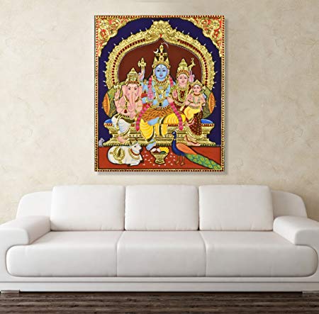 PRINTELLIGENT Canvas Painting - Shiva Family Tanjore - Canvas Art Unframed Tanjore Painting (Small - 15 x 18 inch)