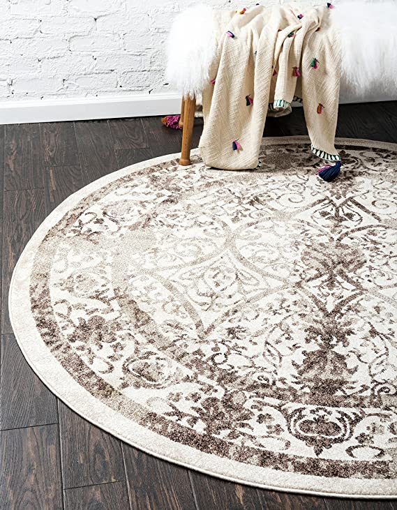 Unique Loom La Jolla Collection Tone-on-Tone Traditional Beige Round Rug (8' 0 x 8' 0)