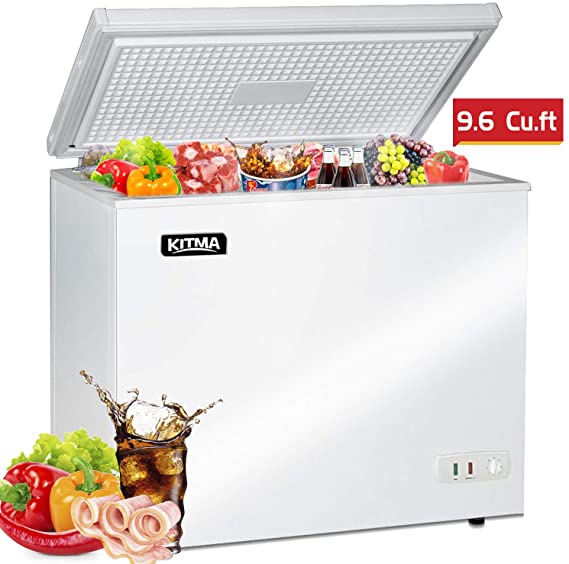 Commercial Top Chest Freezer - Kitma 9.6 Cu. Ft Deep Ice Cream Freezer with 2 Storage Baskets, Adjustable Thermostat, Lock,Rollers, White