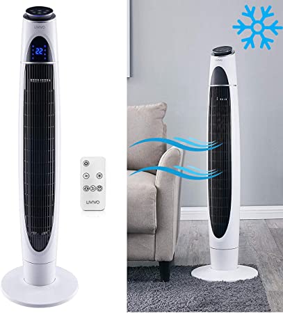 LIVIVO Stylish 43” Digital Tower Fan with Remote Control & Timer – Ultra Slim Tall Quiet & Powerful Free Standing 60W Electric Fan Air Cooler with 3 Speed Settings - 90° Oscillating Function – White