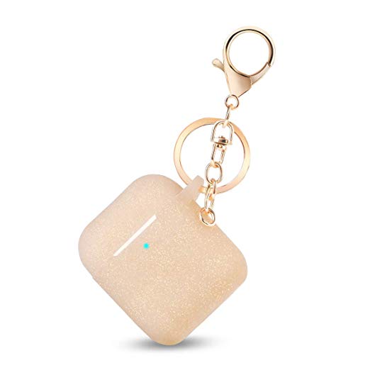 Bqmte Silicone Case Compatible for AirPods, [Front LED Visible] Cute Glittery Accessories Protective Case Cover with Keychain for AirPods 2 & 1 (Gold)