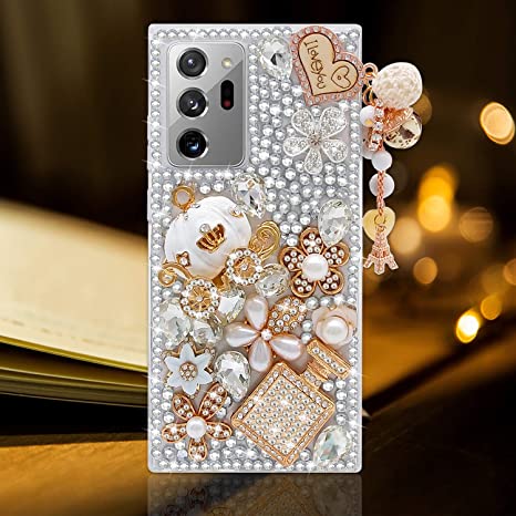 Guppy for Galaxy Note 20 Ultra Case Women Luxury 3D Bling Shiny Rhinestone Diamond Crystal Pearl Handmade Pendant Iron Tower Pumpkin Car Flowers Soft Protective Anti-fall Case for Galaxy Note 20 Ultra