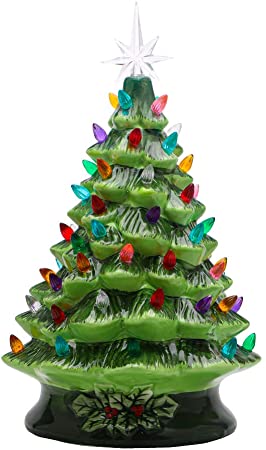 Homlux Ceramic Christmas Tree Tabletop 15inch Pre-lit Hand-Painted Christmas Tree Holiday Decoration