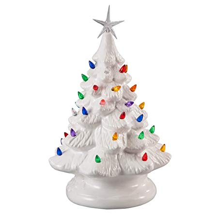14" Retro Prelit Ceramic Tabletop Christmas Tree With 52 Multicolored Lights (White)
