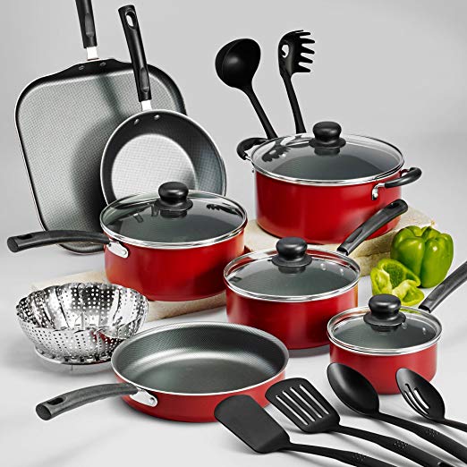 PrimaWare Non-Stick Cookware Set, 18 Piece (Red)