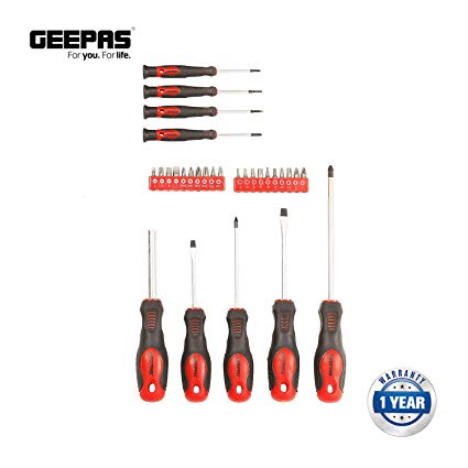 Geepas 29 pcs Screwdriver Set - Indispensable Slotted and Phillips Combo Tool Kit Ideal for DIY, Workshop & Garage Repairs