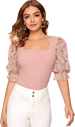 Milumia Women's Square Neck Tops Puff Sleeve Applique Mesh Ruffle Solid Blouses