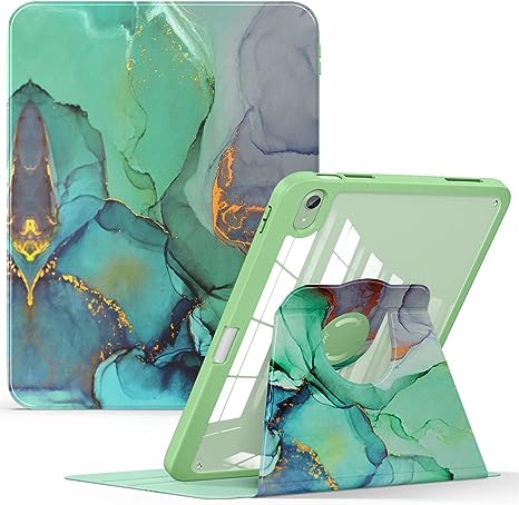 Soke Rotating Case for iPad 10th Generation 10.9-Inch 2022 with Pencil Holder - 360 Degree Rotate Stand Protective Case with Clear Back & Smart Sleep/Wake Cover - Emerald Marble