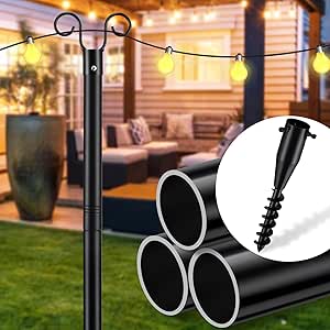 10FT Outdoor String Light Pole with Spiral Ground Stake, Heavy Duty Rust-proof Metal Lighting Stand Pole for Outside Patio, Garden, Backyard, Bistro, Beach, Christmas, Wedding, Party Matte Black