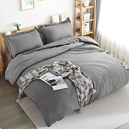 EDILLY 3 Piece Duvet Cover Set, 100% Washed Duvet Cover, Ultra Soft and Easy Care, Simple Style Bedding Set (Gray, King)