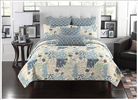 Mk Collection 3pc Bedspread Coverlet Floral Modern Blue Beige 0033 (Queen)