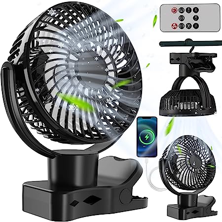 TYT USB Fan, Clip on Fan, 5000mAh Rechargeable Battery Fan with Light Timer Remote Control Aromatherapy, 720°Rotation 4 Speed Portable Fan for Home Office Camping