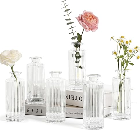 ComSaf Small Vases for Flowers Mini Clear Glass Bud Vases in Bulk, Mini Flower Vase, Vases for Centerpiece, Ribbed Vases Set, Wedding Table Ceterpiece, Home Decor, Housewarming Gift (Clear)