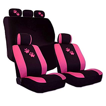 Yupbizauto 2 Tone Black and Pink with Pink Paws Logo Front and Rear Car Seat Covers Support 50/50, 60/40 Rear Split Seat