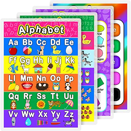 Laminated Preschool Poster for Toddlers and Kids, 4 Pieces Full Laminated Posters Alphabet, Number 1-10, Shapers, Colors for Nursery Homeschool Kindergarten Classroom, 16.9 x 11.9 Inch