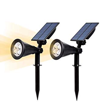 T-SUN Solar Spotlights, 4 LED Garden Lawn Solar Wall Lights Outdoor IP65 Waterproof Security Lighting Dark Sensing Auto On/Off Angle Adjustable Landscape Lamp for Tree Patio Yard Driveway Corridor Pool (WarmWhite Light 2 Pack)