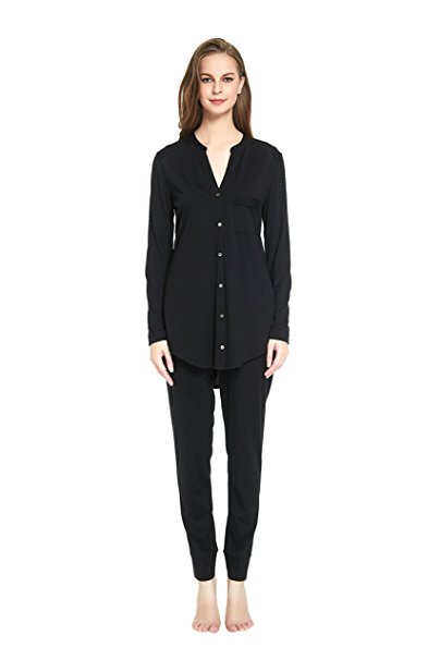 Everconform Women Pjs Pajama Set Long Sleeves Sleepwear 50% Lenzing Modal 50% 60S Cotton XS-XL White Black