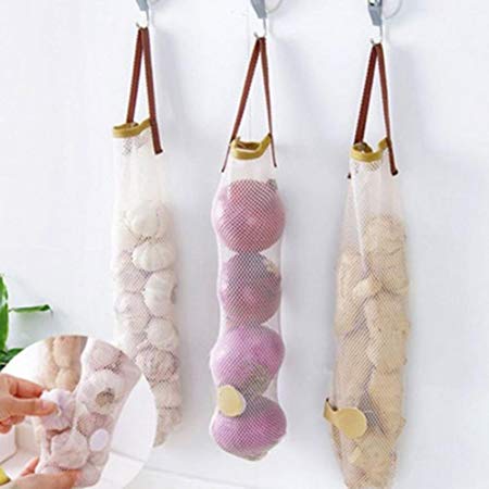 Grocery Bag Holder Dispenser, Kemilove Creative Furnishing Hollow Breathable Hanging Storage Bag Garlic Onion (3PCS Beige, 4.5" x 18")